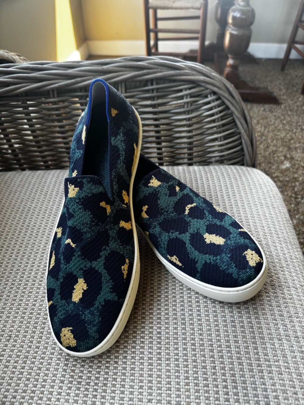 Rothy's Navy, Green & Gold Leopard Slip-On Flats